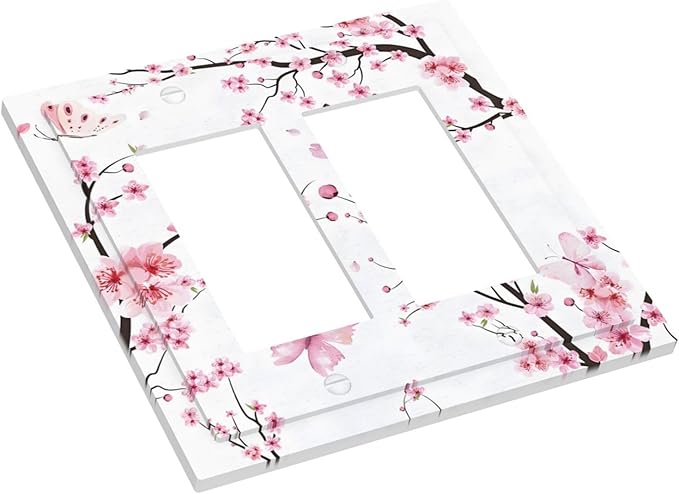 Cherry Floral Watercolor Pink Flowers Butterfly Decorative Outlet Covers 2 Gang Double GFCI Rocker Electrical Wall Panels Light Switch Cover Plate for Bed Room Living Room Decor