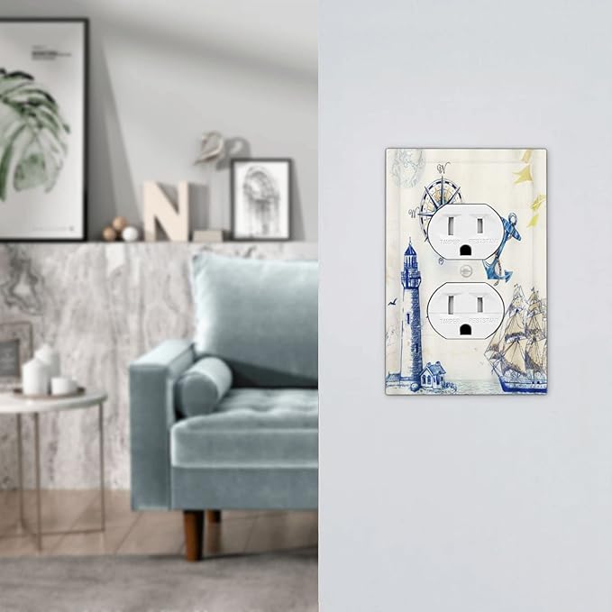 Outlet Covers Nautical Sailboat Lighthouse Compass Anchor 1 Gang Duplex Light Switch Cover Decorative Single Wall Plate Rustic Receptacle Electrical Device Switchplate for Country Bathroom