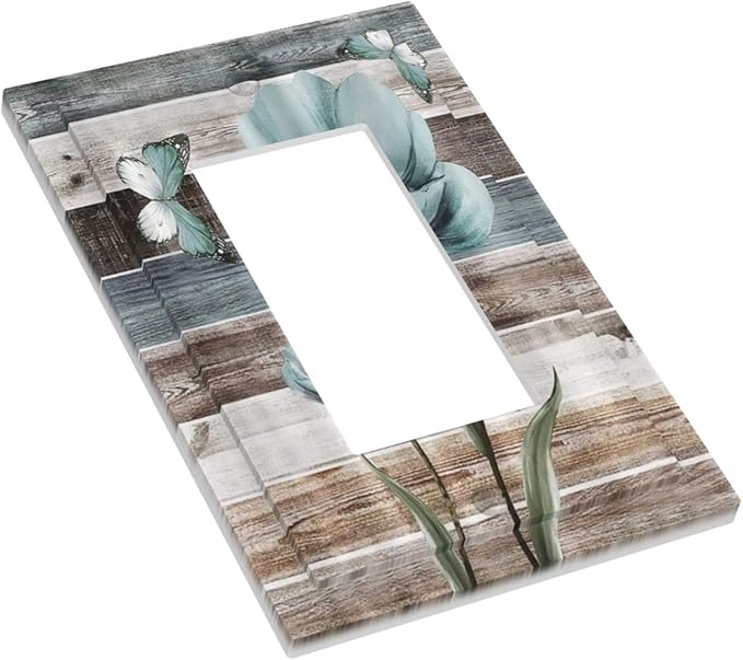 Rustic Vintage Teal Floral Barn Wood Single Rocker Decora Light Switch Cover 1 Gang Outlet Cover Decorative Wall Plate Turquoise Flower Butterfly Gfci Electrical Switchplate for Farm Bathroom