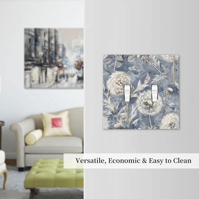 Blue Dandelion Vintage Floral Boho Flower Decorative Switch Plates 2 Gang Double Toggle Outlet Light Switch Cover Wall Plate Electrical Faceplate for Bedroom Living Room Home Decor