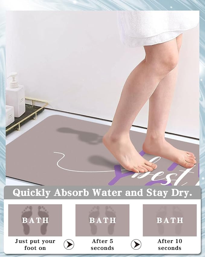 Bath Mat - Super Absorbent Non Slip Quick Dry Thin Rubber Mats for Bathroom Floor, Fit Under Door, Shower Rug for Bathtub, Beige