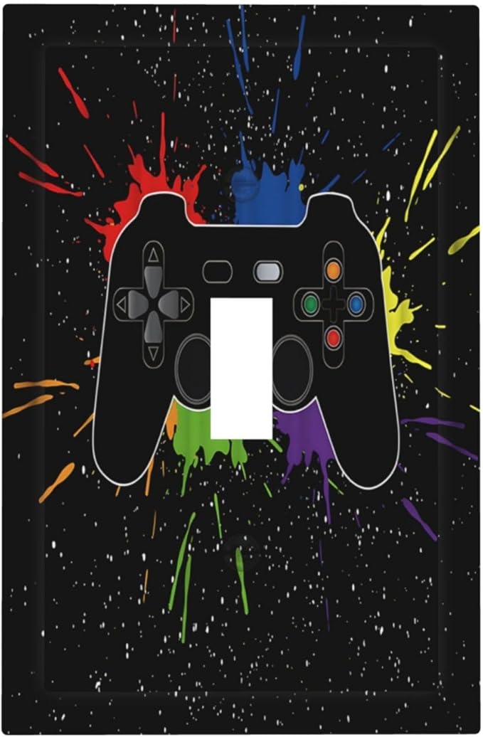 Classic Videogames Controller Black Splash Ink Colorful Decorative Light Switch Cover 1 Gang Single Toggle Device Electrical Faceplate Switchplates Decorator Outlet Wall Plate for Kids Room Nursery