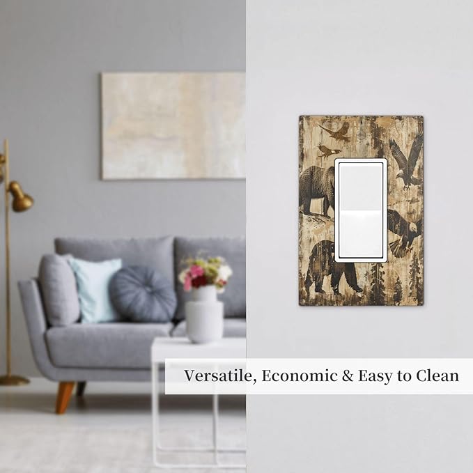 Decorative Outlet Covers Vintage Cabin Wildlife Animal Bear Eagle Forest 1 Gang Single Rocker Light Switch Cover Plate Wall Plates GFCI Faceplate for Farmhouse Bedroom Decor