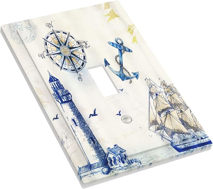 Nautical Sailboat Lighthouse Compass Anchor Single Toggle Light Switch Cover Plate Decorative 1 Gang Wall Plates Cover Rustic Electrical Device Switchplate Faceplate for Country Bathroom Decor