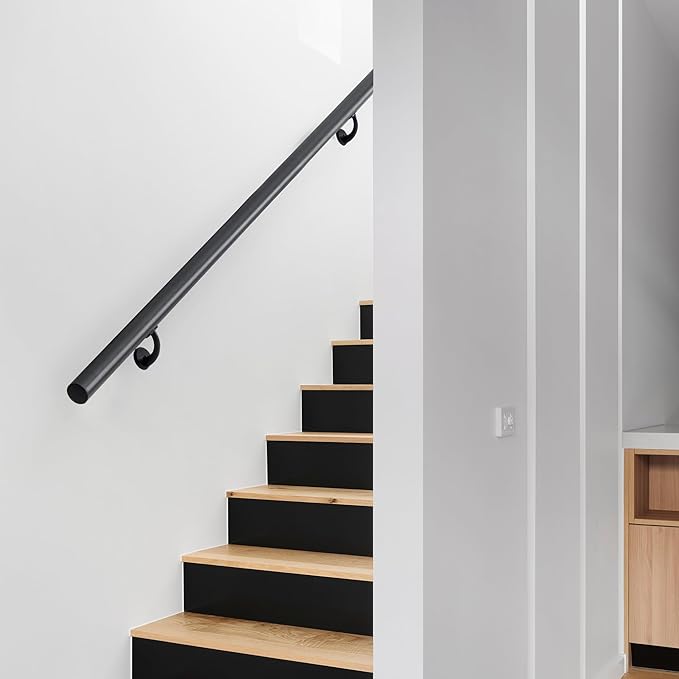 15FT Modern Aluminum Handrail Set, handrails for Indoor Stairs,Deck,Slope, Wall Mounted Staircase handrails, Zink Alloy Brackets Included,Rust Free. (Matte Black, 15 FT)