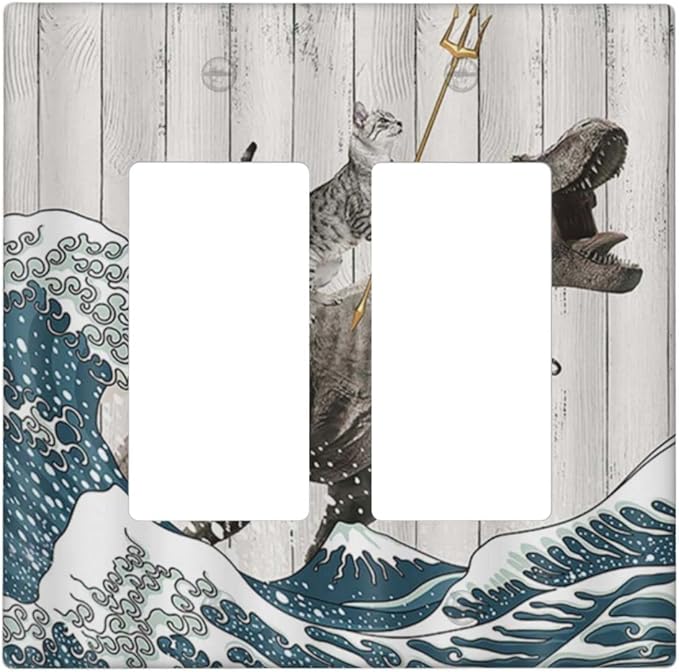 Outlet Covers Funny Cat Cool Cat Dinosaur Sea Wave Wood Double Rocker Light Switch Covers Decorative 2 Gang Receptacle Wall Plate Decora Gfci Electrical Device Switchplate for Farm Bathroom