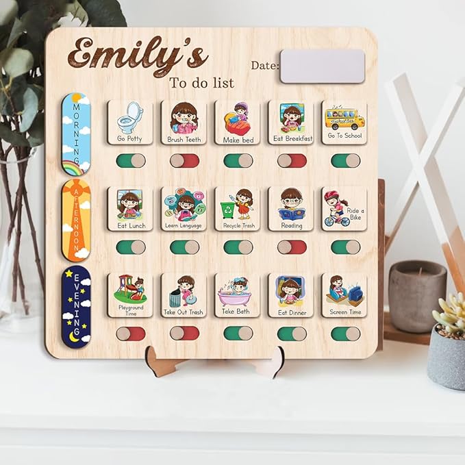 Personalized Wooden Daily Routine Chart 11.8x11.8", Visual Schedule, Chore Chart for Kids, Morning Bedtime Routine Chart for Toddlers (09)