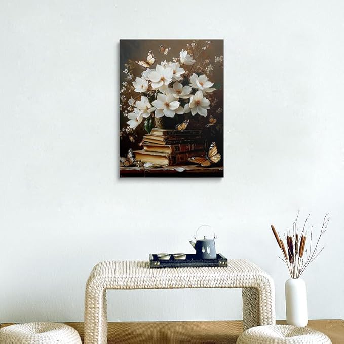 Framed Floral Book Butterfly Vintage Picture Wall Decor Gift Retro Bible Print Poster Rustic Painting Flower Canvas Wall Art for Living Room Bedroom Artwork (12"x16")