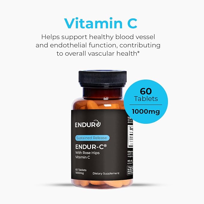 Endur ENDUR-C Vitamin C with Rose HIPS, Supports Collagen Production, Antioxidant Protection & Gentle Digestion, Gluten Free, 1000mg (60 Tablets)