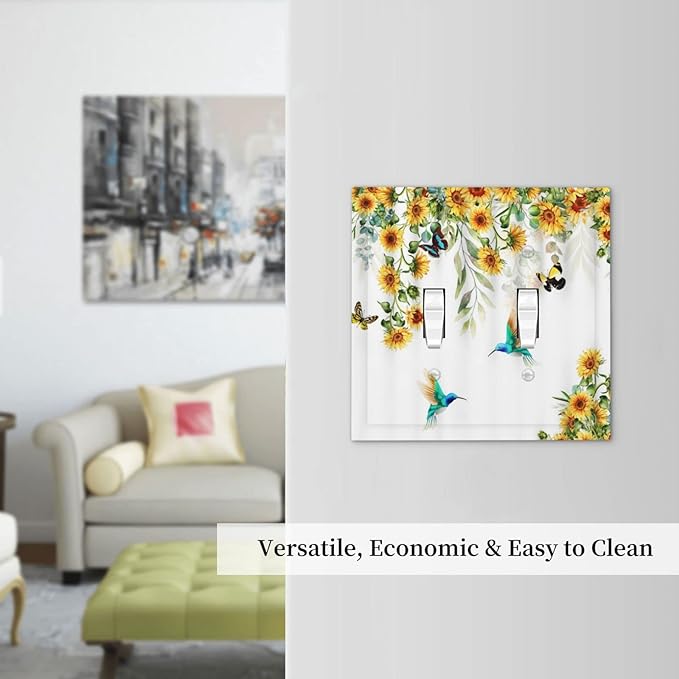 Yellow Sunflower Blue Hummingbird Butterfly Double Toggle Light Switch Cover Plate Decorative Rustic Farmhouse Floral Botanical 2-Gang Wall Plate Dual Device Electrical Switchplate for Bedroom