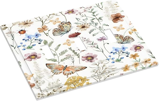 Boho Multicolor Flower Butterfly Insect Floral Decorative Switch Plates 3 Gang Wall Plate Triple Toggle Light Switch Cover Faceplate Electrical Wall Panels for Bedroom Living Room Decor