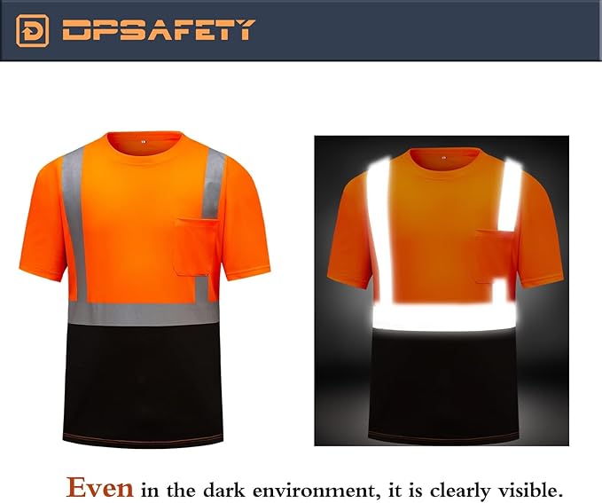 High Visibility Shirts Quick Dry Safety T Shirts with Reflective Strips and Pocket Short Sleeve Mesh Hi Vis Construction Work Class 2 Shirt for Men/Women Black Bottom Orange,Medium