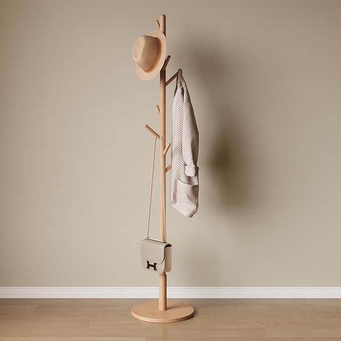 Solid Wood Coat Rack, Freestanding Coat Rack for Entryway, Hallway, Bedroom, Living Room, 15" x 15" x 67.3", Natural