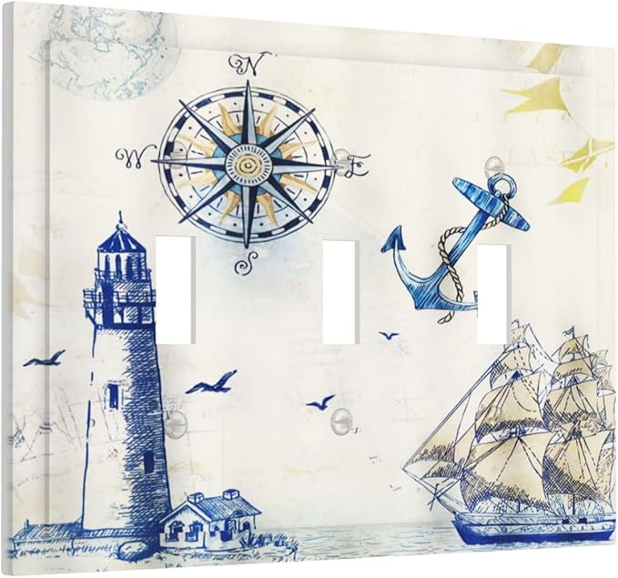 Nautical Sailboat Lighthouse Compass Anchor 3 Gang Light Switch Cover Decorative Triple Toggle Wall Plate Rustic 3 Hole Electrical Device Switchplate Cover Faceplate for Country Bathroom Decor