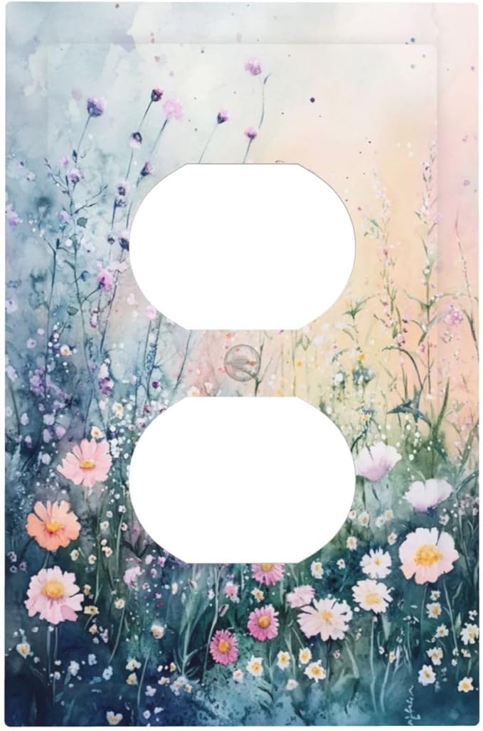 Outlet Covers Pink Floral Wildflower Green Plants Decorative 1 Gang Duplex Light Switch Cover Plate Receptacle Wall Plate Electrical Switch Plate Covers for Bathroom Decor
