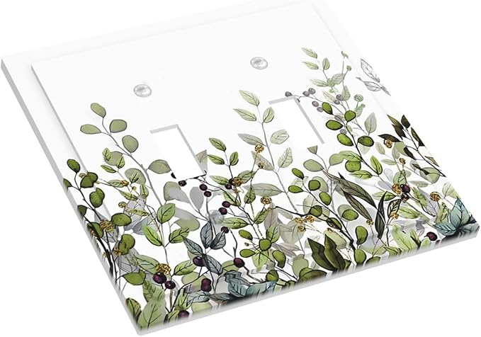 Watercolor Green Eucalyptus Leaves Plants Fruit Decorative Switch Plates 2 Gang Double Toggle Outlet Light Switch Cover Wall Plate Electrical Faceplate for Bed Room Living Room Decor
