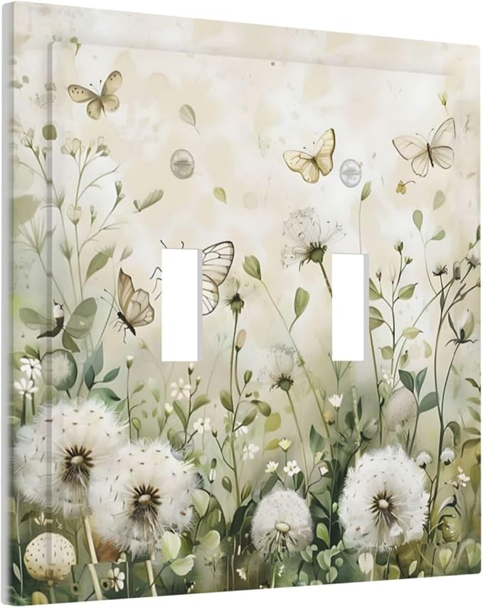 Dandelions Butterflies Watercolor Wildflowers Floral Decorative Switch Plates 2 Gang Double Toggle Outlet Light Switch Cover Wall Plate Electrical Faceplate for Bedroom Living Room Decor
