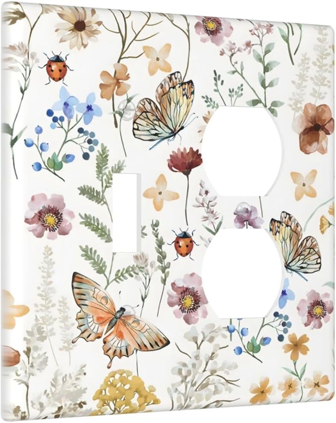 Boho Multicolor Flower Butterfly Insect Floral Wallplates 1 Toggle 1 Duplex Switch Plate Electrical GFCI Faceplate Decorative Light Switch Covers for Bedroom Living Room Decor