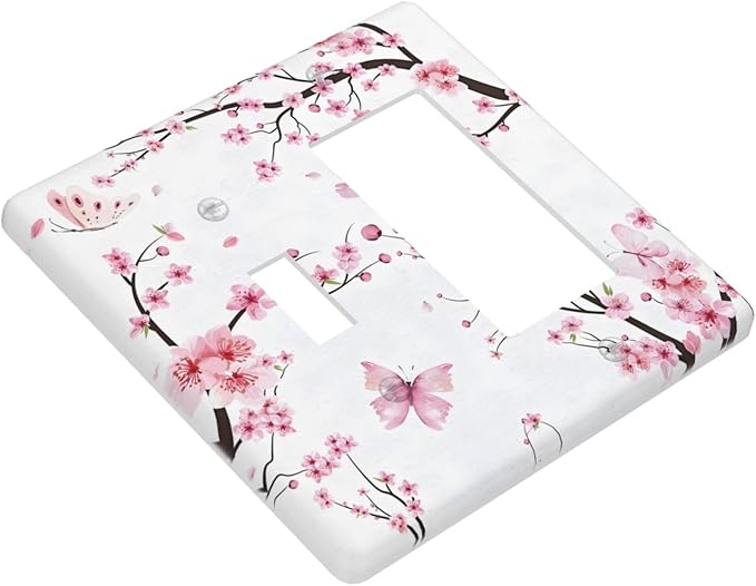 Cherry Floral Watercolor Pink Flowers Butterfly Outlet Covers 1 Toggle 1 Rocker Combination Decorative Wall Plate Electrical Switch Plates Light Switch Cover Plate for Bed Room Living Room Decor