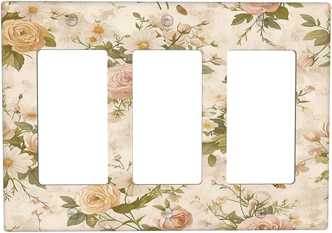 Light Switch Covers Boho Vintage Roses Pink Red Yellow Bouquet Floral 3 Gang Rocker Electrical GFCI Decorative Triple Outlet Wall Plate Cover Switchplate for Bedroom living Room Decor