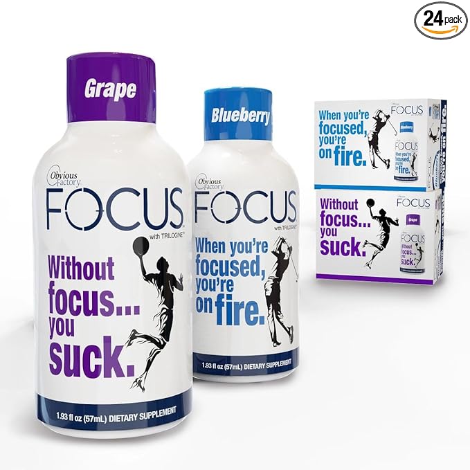 Focus Shots with Trilogine, Stay Sharp, Zero Sugar Energy Boost, 1.93 oz, 24 Count, Variety Pack, Blueberry, Grape Flavors