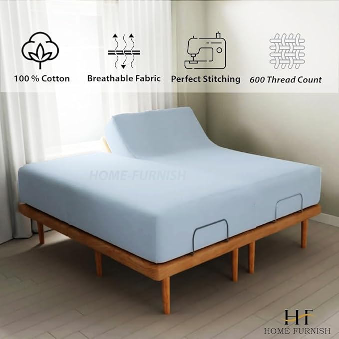Half Split Queen Fitted Sheet for Adjustable Beds - 1 PC Top Split, 39 inches from Top, 600 Thread Count 100% Cotton, Light Blue Solid