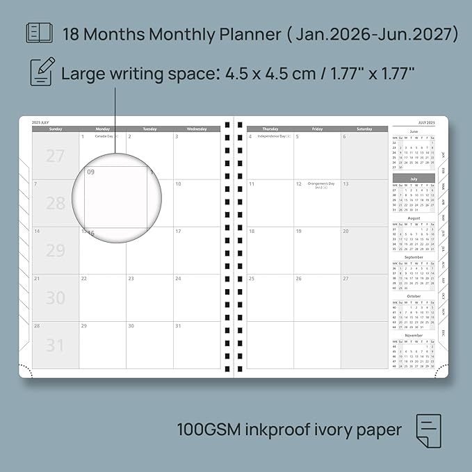 POPRUN Monthly Planner 2026-2027 (Large 8.5" x 10.5") 18 Months Calendar (Jan 2026 - Jun 2027) - 4 Pages per Month with Expense & Notes, Stair-like tabs, Leather Cover, Sunday Starts - Burgundy