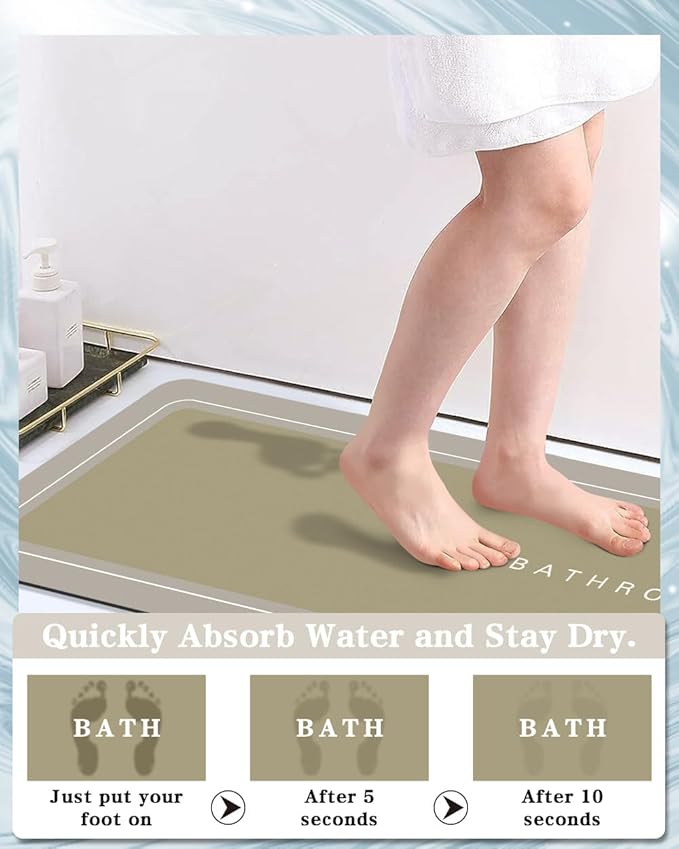 Bath Mat - Super Absorbent Non Slip Quick Dry Thin Rubber Mats for Bathroom Floor, Fit Under Door, Shower Rug for Bathtub, Beige