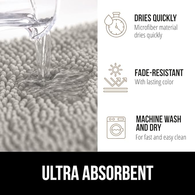 GORILLA GRIP Bath Rug Mat 60x24, Soft Absorbent Chenille, Quick Dry Microfiber Mats, Rubber Backing Washable Shower Floor Rugs, Bathmat Runner, US Designed Bathroom Home Decor Accessories Light Gray