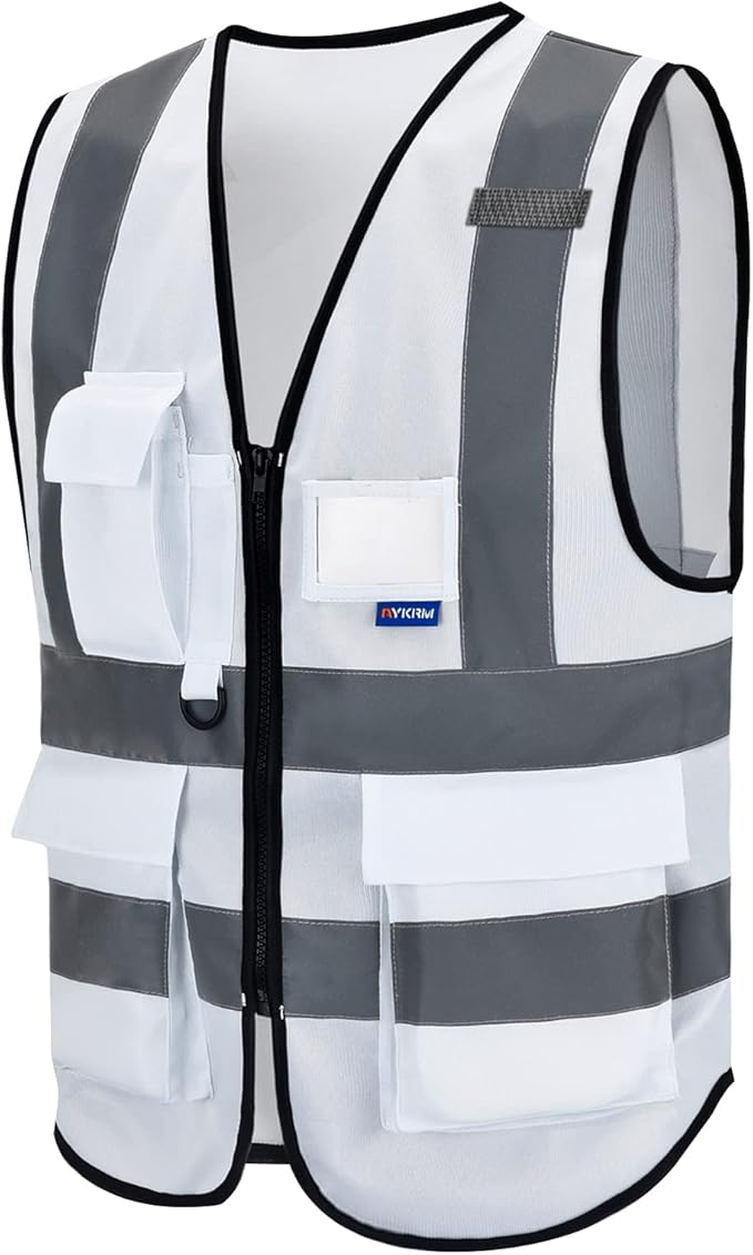 A-SAFETY 4XL-5XL,Hi Reflective Safety Vest,Hi Vis Bright Neon Colors Safety Vest with 4 Reflective Strips 7 Pockets(White)