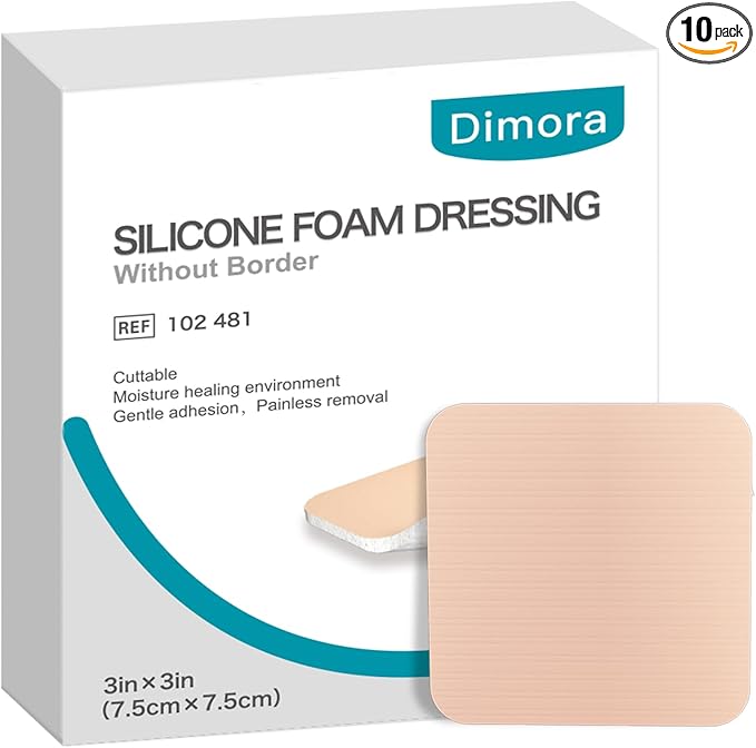 Dimora Silicone Foam Dressing Without Border 10 Pack- 3"x 3" Highly Absorbent Adhesive Waterproof Bandages for Wounds, Cuttable Pads for Wound Care and Dressings