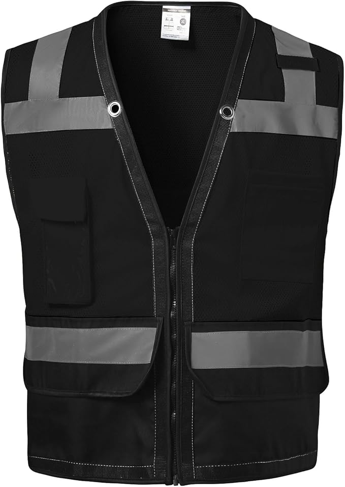 Reflective Safety vest With back plan pocket,High visibility Class 2 Heavy Duty Surveyor Vest with Zipper,Hi Vis Vest ANSI/ISEA Standard, Construction Work Vest for Men＆Women(Black,4XL)