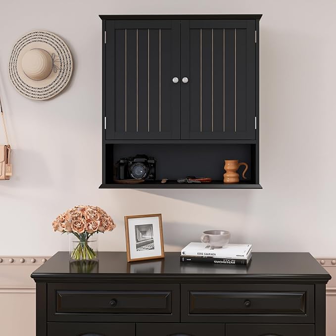 Over The Toilet Bathroom Wall Cabinet with 2 Doors & Open Shelf – Space Saving Medicine Cabinet, Wooden Wall Mounted Storage Cupboard for Bathroom Organization Black
