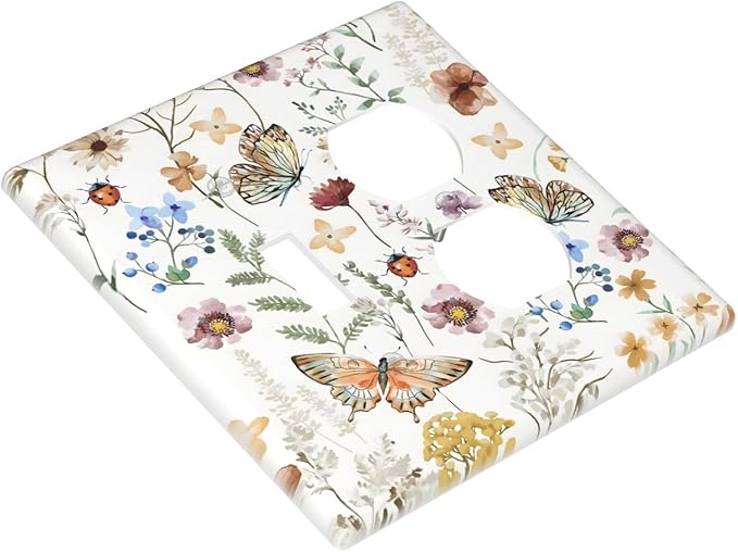 Boho Multicolor Flower Butterfly Insect Floral Wallplates 1 Toggle 1 Duplex Switch Plate Electrical GFCI Faceplate Decorative Light Switch Covers for Bedroom Living Room Decor