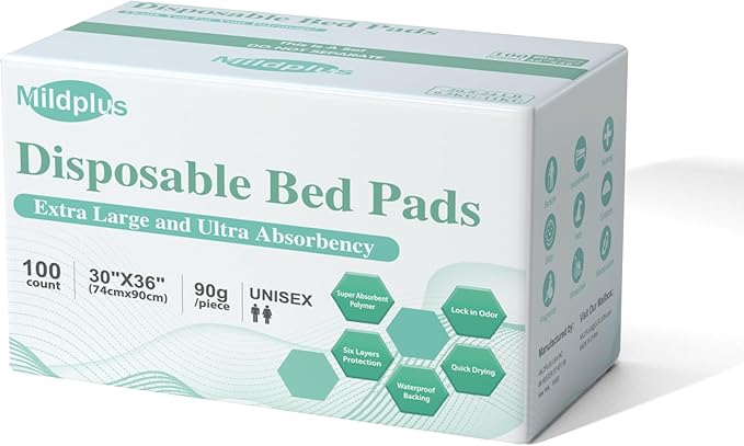 100 Count Disposable Bed Pads , 30x36 Inch Extra Large Incontinence Underpads | Heavy Absorbency 90 Grams Pee Pads for Adult, Senior, Baby & Pet Care (No Adhesive)