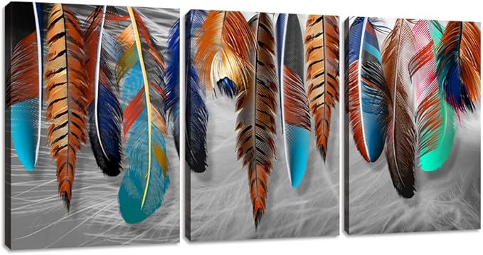 Colorful Feather Poster Prtins Decor Modern Gray Background Picture Wall Art 3 Pieces Canvas Painting Artwork Decoration Home Office Decor for Living Room Bedroom - 48" Wx24 H