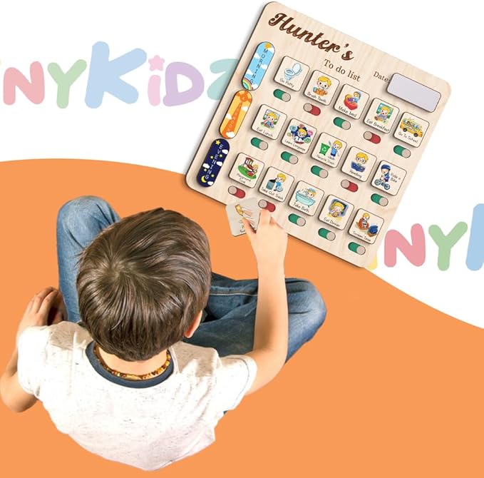 Personalized Wooden Daily Routine Chart 11.8x11.8", Visual Schedule, Chore Chart for Kids, Morning Bedtime Routine Chart for Toddlers (09)