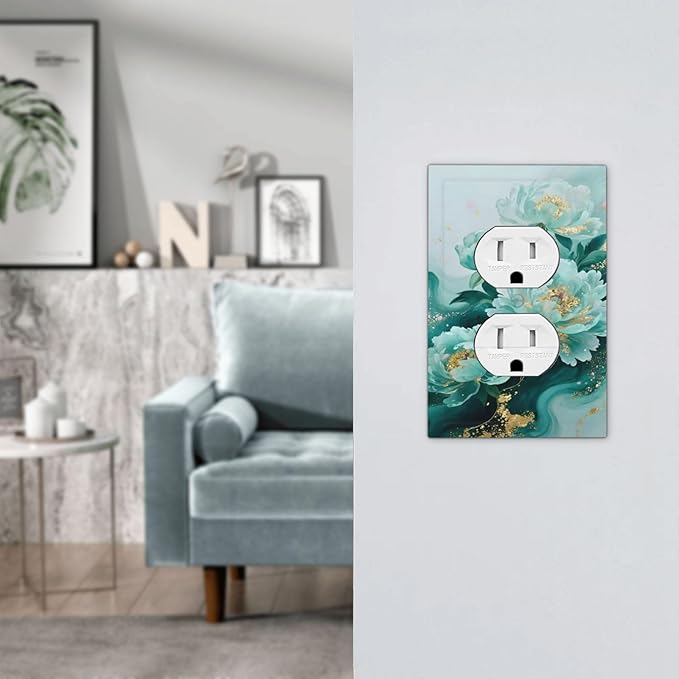 Outlet Covers Gold Green Floral Gilt Marble Flower Decorative 1 Gang Duplex Light Switch Cover Plate Receptacle Wall Plate Electrical Switch Plate Covers for Bathroom Decor