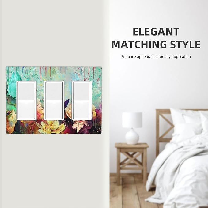 Light Switch Cover Watercolor Flower Colorful Floral 3 Gang Wall Plate Triple Light Switch Plate Rocker GFCI Outlet Covers Decorative Receptacle Cover for Bathroom Bedroom Decor