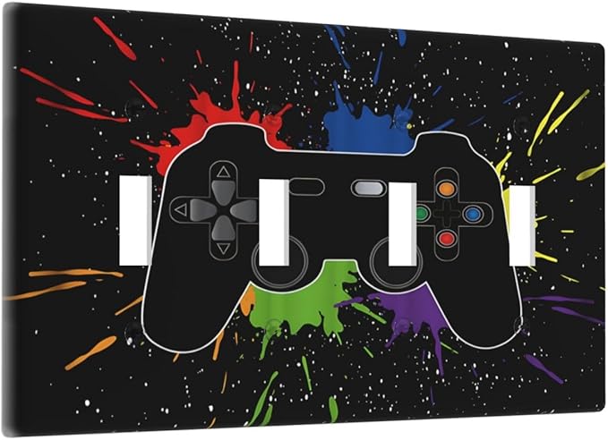 Classic Videogames Controller Black Splash Ink Colorful Light Switch Covers Quad Toggle Electrical Faceplate 4 Gang Wall Plate Decorative Switch Plates Cover for Kids Room Nursery Decor