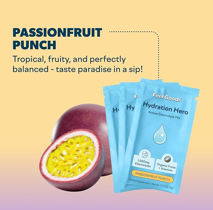 Feel Goods Hydration Hero, 1,000mg Electrolytes Powder, Sugar Free, Magnesium, Organic Aloe Vera, L Theanine, Vitamin C & B12, Keto, Vegan, Electrolyte Packets, Passion Fruit Punch, 15 Count