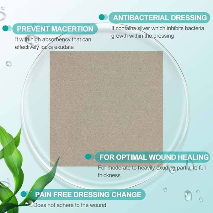 Dimora Upgrade Silver Calcium Alginate Wound Dressing -Antibacterial Non Stick Gauze, Highly Absorbent Sterile Bandage Pads,4'' x 4'' Patches 5 Packs