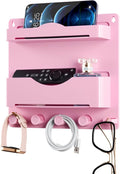 JUMEIHUI Bedside Shelf Accessories Organizer with Glasses Hooks, Wall Mount Self Stick On, Cute Room Decor Aesthetic, Girls Room Decor with 50 PCS Motivational Text Graffiti Stickers (Pink)