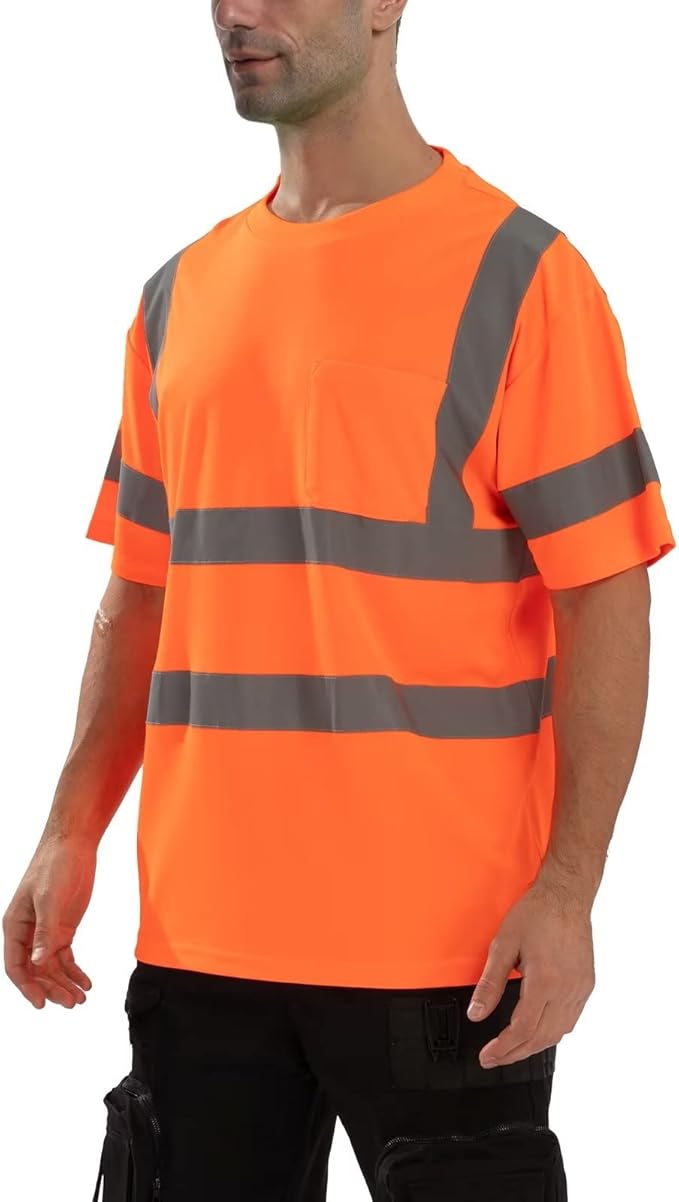 High Visibility Class 3 T Shirts，Hi Vis Safety Shirts with Reflective Strips and Pocket, Short Sleeve Quick Dry Mesh Construction Work Shirt for Men/Women Orange,3XL