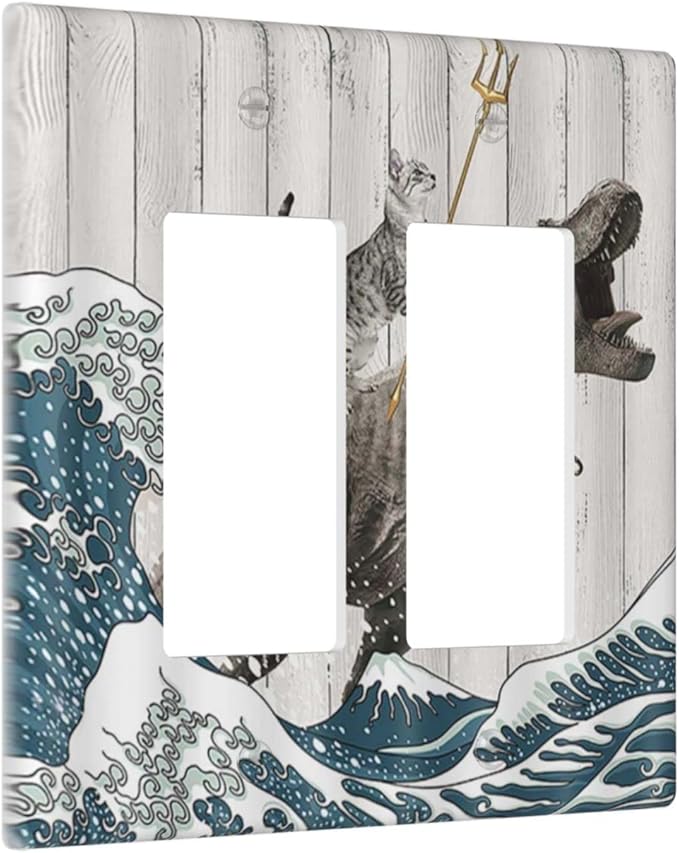 Outlet Covers Funny Cat Cool Cat Dinosaur Sea Wave Wood Double Rocker Light Switch Covers Decorative 2 Gang Receptacle Wall Plate Decora Gfci Electrical Device Switchplate for Farm Bathroom