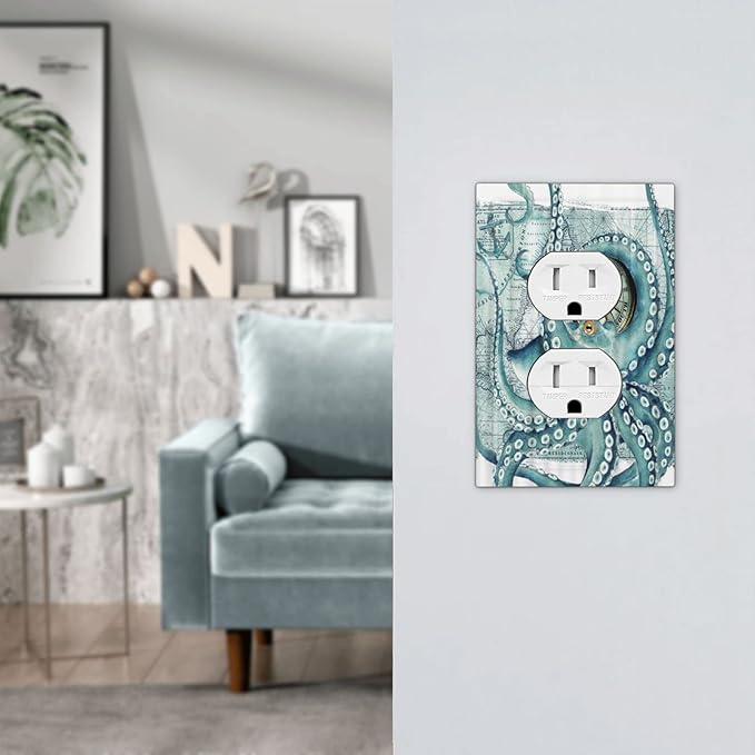 Outlet Covers Vintage Nautical Octopus Eyes Funny Ocean Kraken 1 Gang Duplex Light Switch Cover Decorative Single Receptacle Wall Plate Compass Pirate Map Electrical Switchplate for Farm Home