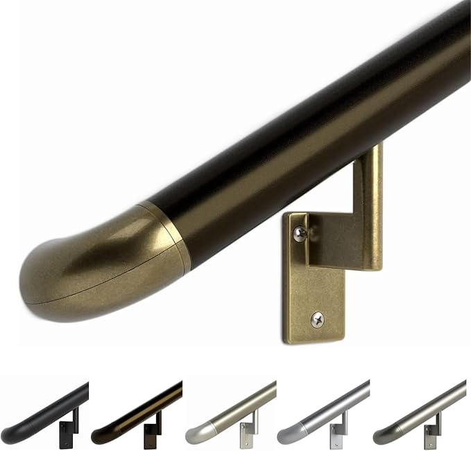 Promenaid 11ft ADA Handrail Kit - Architectural Bronze - Complete Indoor/Outdoor Handrail for Stairs - 1.6" Round Anodized Aluminum Railing with 5 Antique Brass Pivoting Brackets & ADA Wall Returns