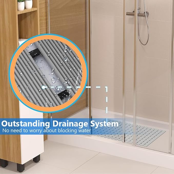 Bath Mat Non Slip Shower Mat Bathtub with Drain Holes and Heavy Duty Rubber No Suction Cups Sturdy Shower Stall Tub Mat for Bathroom, Shower Floor, Pool, SPA, (Grey, 2FT X 16FT)
