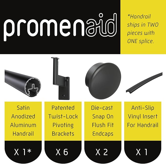 Promenaid 18ft Flush Handrail Kit - Satin Black - Complete Indoor/Outdoor Handrail for Stairs - 1.6" Round Anodized Aluminum Railing with 6 Satin Black Painted Pivoting Wall Brackets & Flush Endcaps
