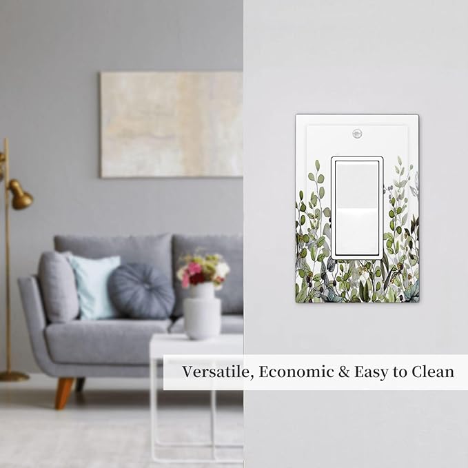 Watercolor Green Eucalyptus Leaves Plants Fruit Decorative Outlet Covers 1 Gang Single Rocker Light Switch Cover Plate Wall Plates GFCI Faceplate for Bed Room Living Room Decor